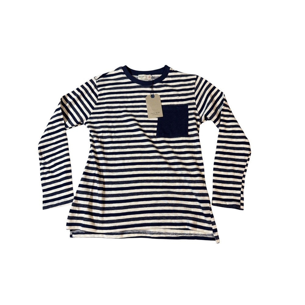 NWT Zara Kids Size‎ 10 Long Sleeve Navy Blue White Shirt 100% Cotton Unisex